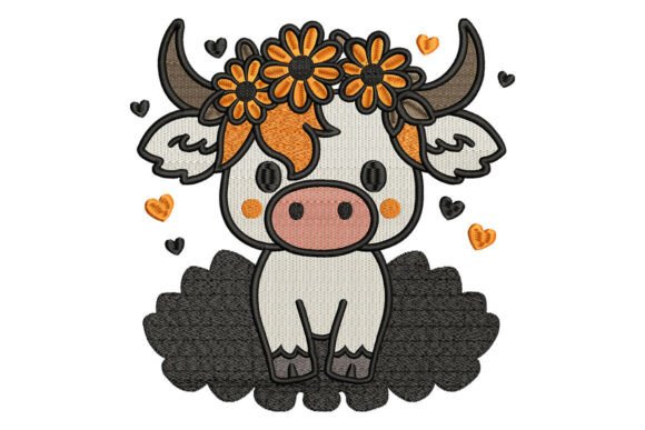 Cute Highland Cow with Flower Crown: A Charming Embroidery Design for Personalized Gifts