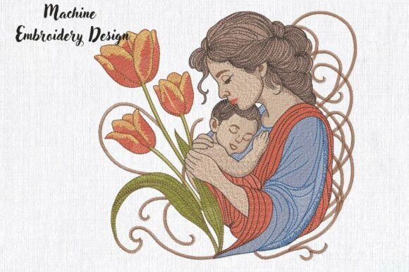Mother and Child Tulips: A Heartfelt Embroidery Design for Personalized Mother's Day Gifts