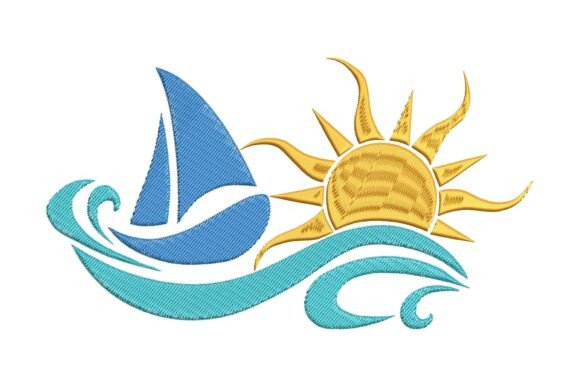 Sun and Waves Boat: A Coastal Embroidery Design for Boutique Apparel
